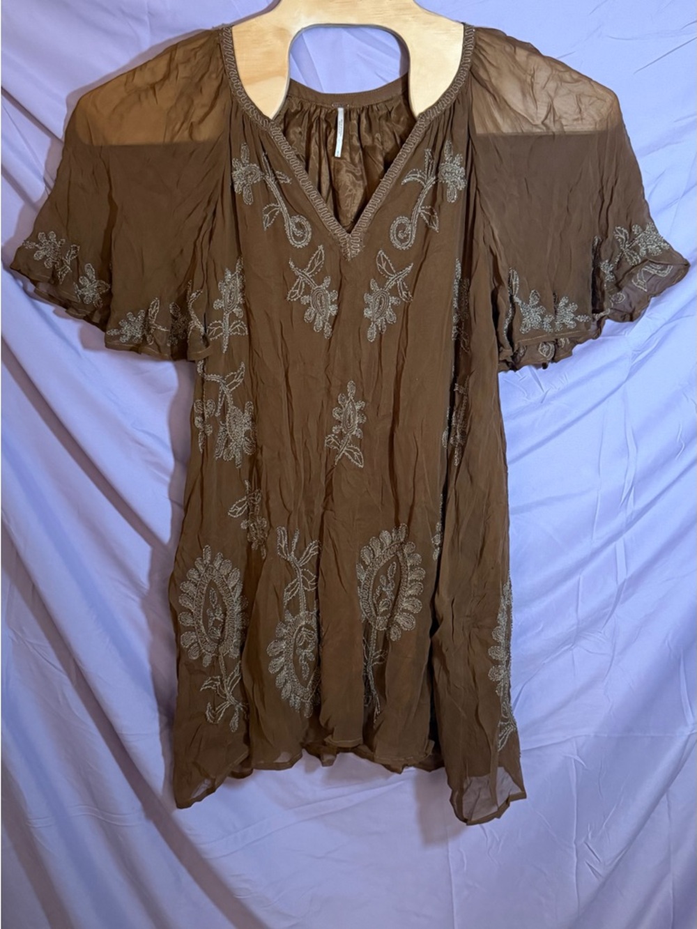 Free People Brown Embroidered Flutter-Sleeve Tunic